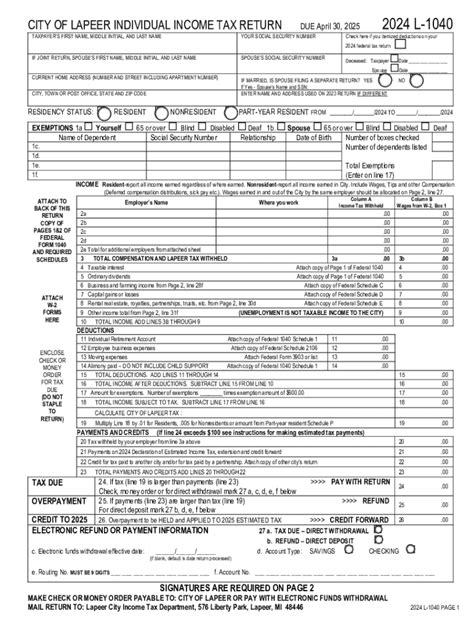 CITY OF LAPEER INDIVIDUAL INCOME TAX RETURN .